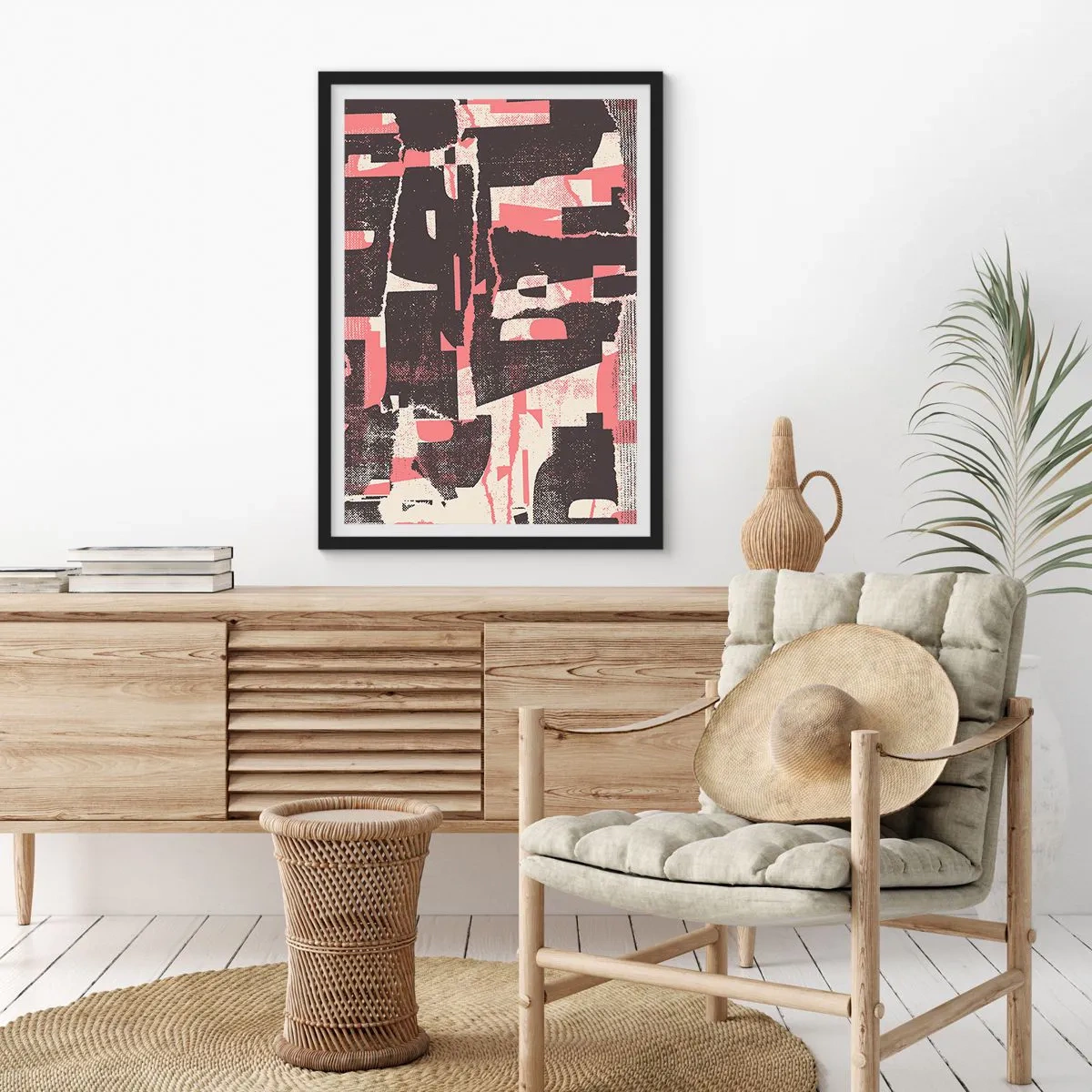 Poszter fehér keretben - Dinamikus absztrakció vörös és fekete árnyalatokban - 50x70cm - Minden nyüzsgés és nyüzsgés - Modern fali dekoráció nappalihoz és hálószobához ARTTOR