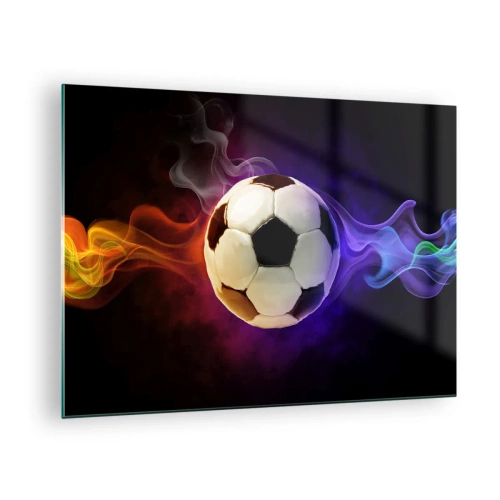 Üveg kép - Egy színes csíkokkal körülvett futball-labda - 70x50cm - A játék varázsereje - Modern fali dekoráció nappalihoz és hálószobához ARTTOR