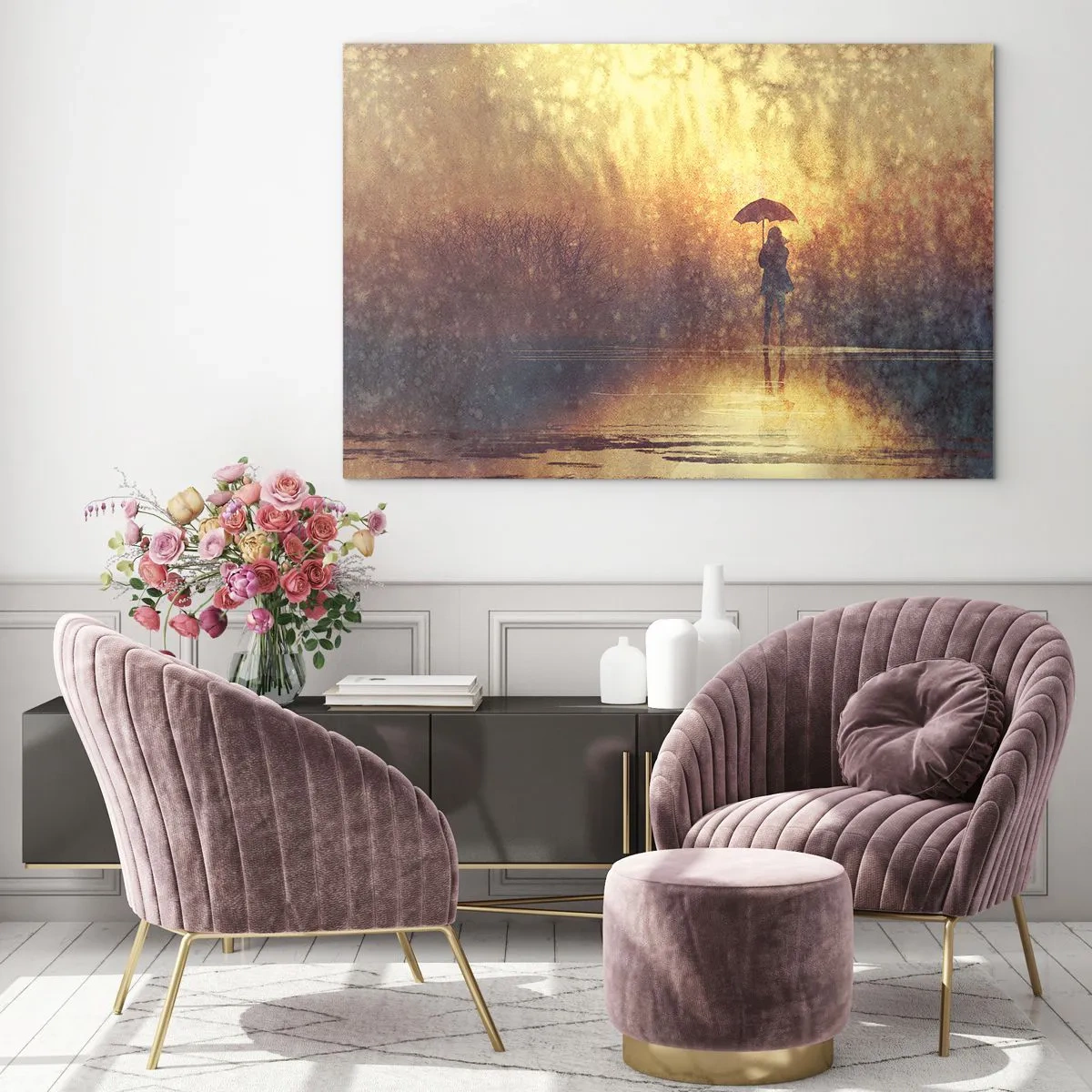 Üveg kép - Egy alak esernyővel a lenyugvó nap és az eső fényében - 70x50cm - Érzem, hogy valaki engem néz - Modern fali dekoráció nappalihoz és hálószobához ARTTOR
