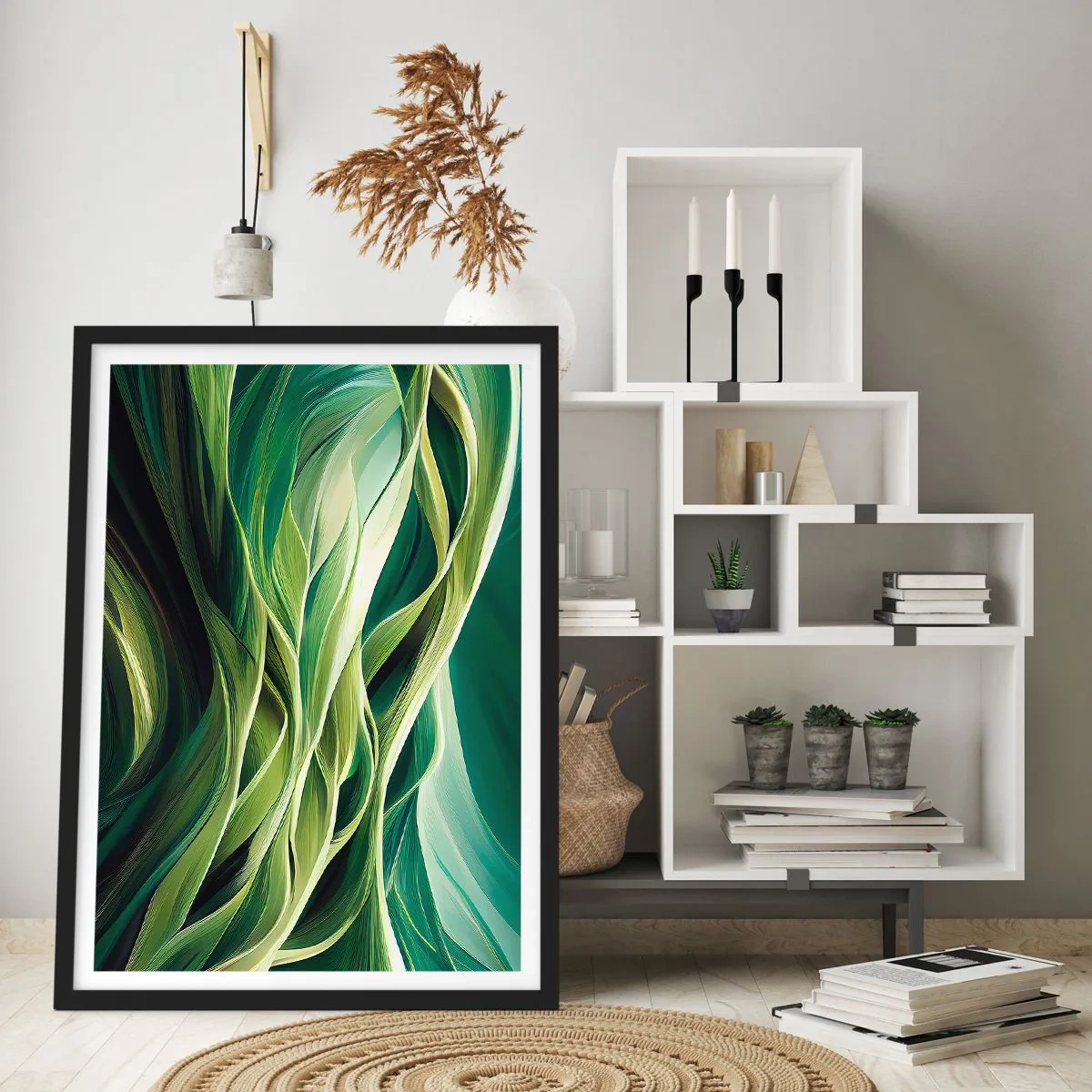 Poszter fehér keretben - Organikus, zöld formák absztrakt kompozíciója. - 50x70cm - Egy absztrakt zöldjáték  - Modern fali dekoráció nappalihoz és hálószobához ARTTOR