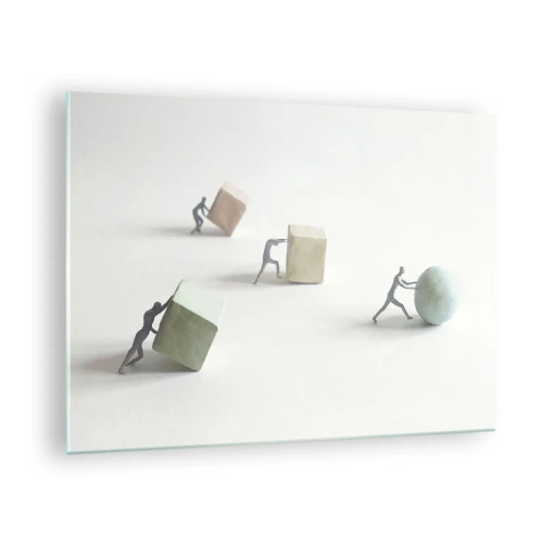 Üveg kép - Miniatűr figurák gurítják és tolják a geometriai alakzatokat. - 70x50cm - Maga az élet - Modern fali dekoráció nappalihoz és hálószobához ARTTOR