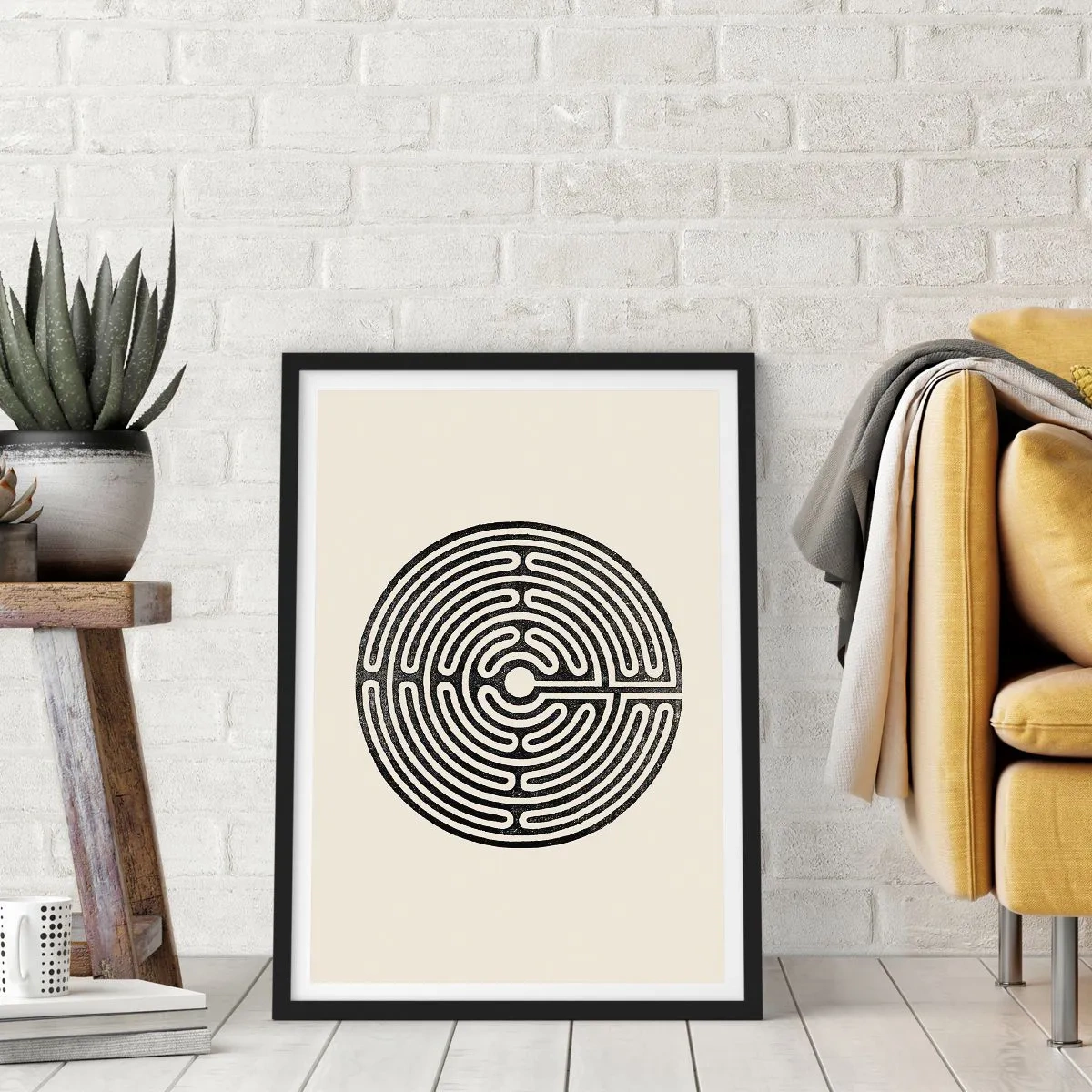 Poszter fehér keretben - Egy minimalista fekete-fehér labirintus világos háttér előtt. - 50x70cm - Titokzatos rend - Modern fali dekoráció nappalihoz és hálószobához ARTTOR