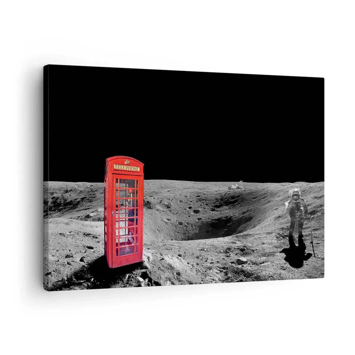 Vászonkép - Piros telefonfülke a Holdon - 70x50cm - Kozmikus vicc - Modern fali dekoráció nappalihoz és hálószobához ARTTOR