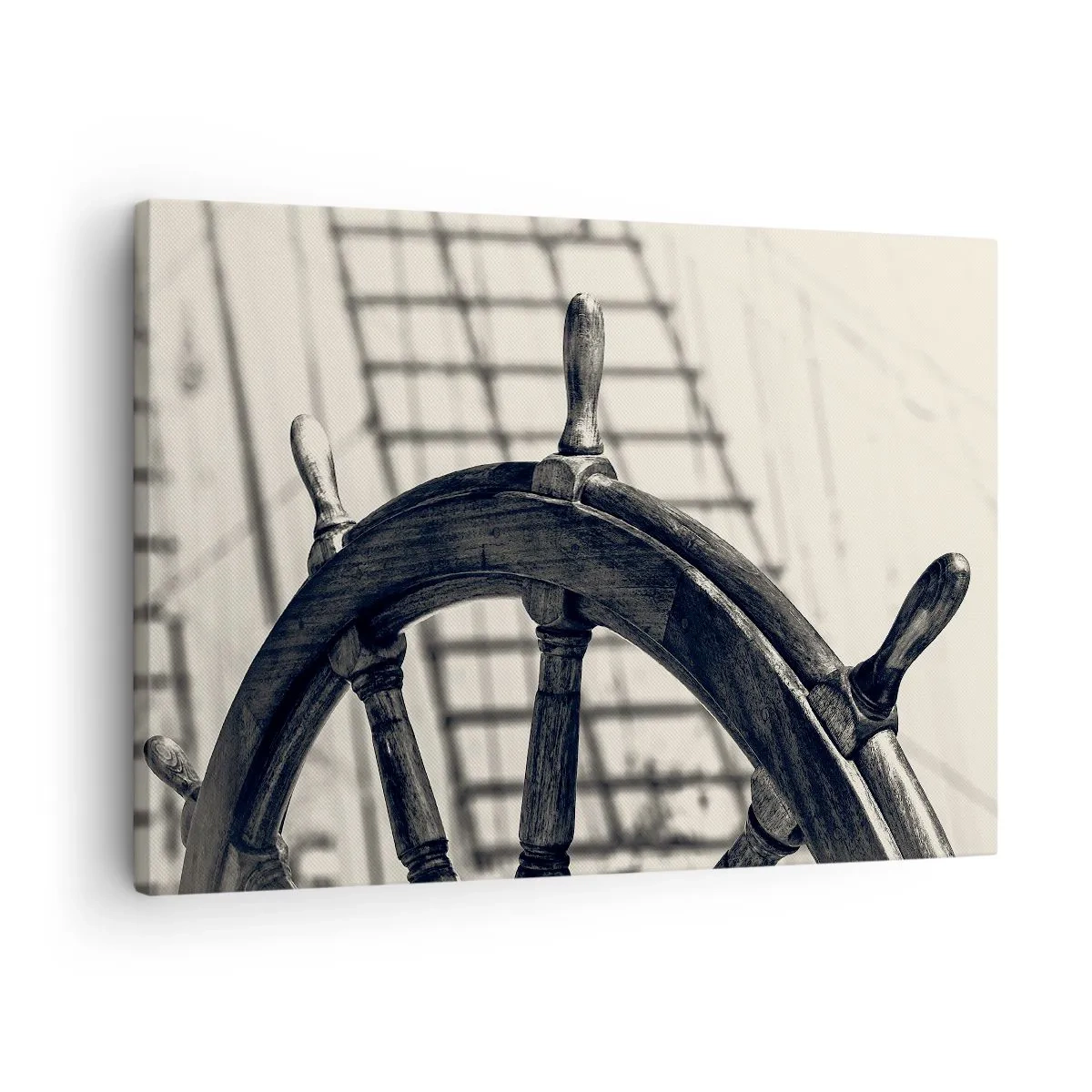Vászonkép - Egy retró stílusú vitorlás kormánylapát egy hajóval a háttérben - 70x50cm - Tengeri történetek - Modern fali dekoráció nappalihoz és hálószobához ARTTOR