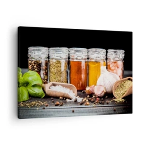 Vászonkép - Gyógynövények és fűszerek üvegedényekben sötét háttér előtt - 70x50cm - Hogy az életnek legyen íze - Modern fali dekoráció nappalihoz és hálószobához ARTTOR