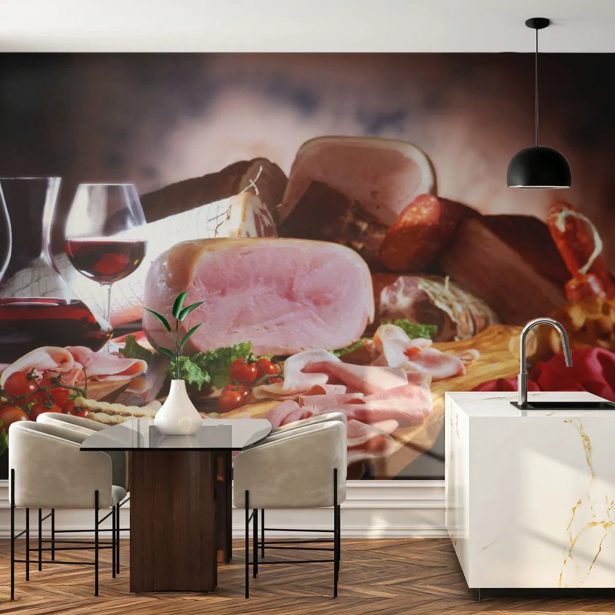 Fotótapéta Premium Sand - Kulináris álom kancsóval - Gasztronómia, Húsok, Paradicsom - 100x70 cm