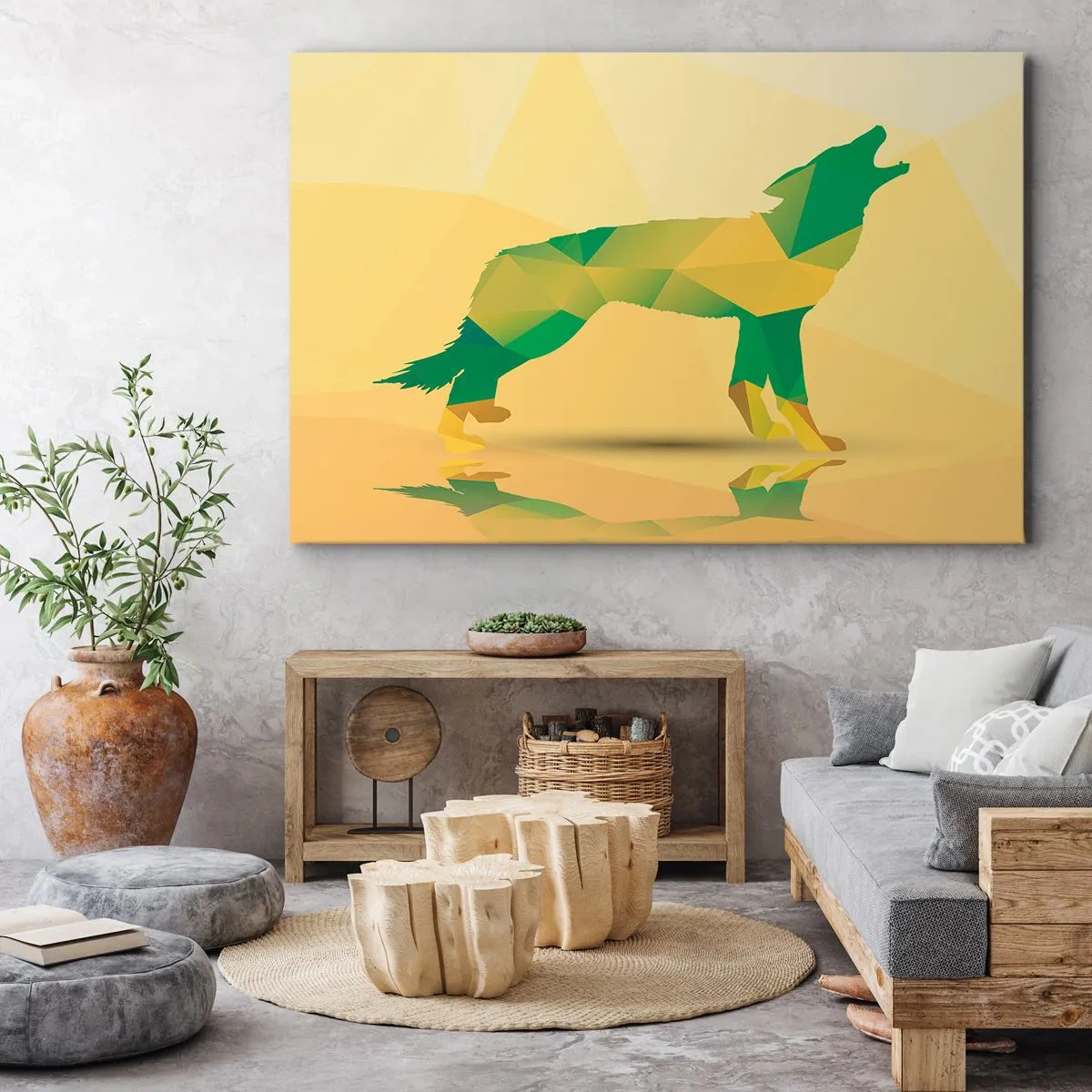 Vászonkép - Geometrikus farkas sziluett zöld és sárga árnyalatokban - 70x50cm - Magányos farkas - Modern fali dekoráció nappalihoz és hálószobához ARTTOR