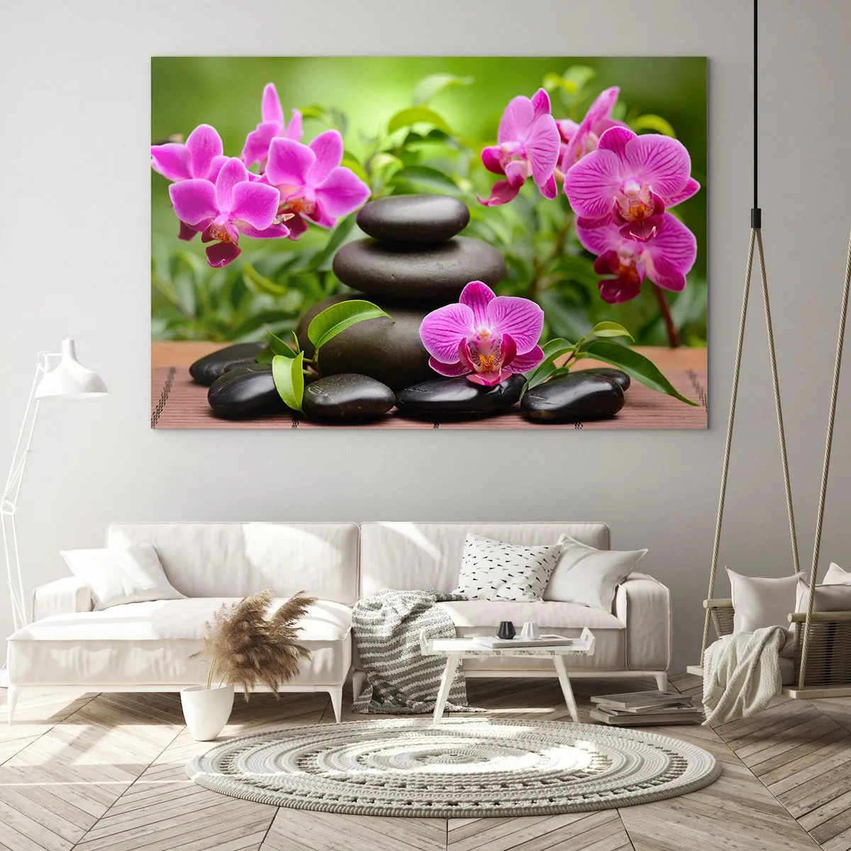 Üveg kép - Rózsaszín orchideák és fekete kövek nyugodt környezetben - 70x50cm - A béke piramisa - Modern fali dekoráció nappalihoz és hálószobához ARTTOR