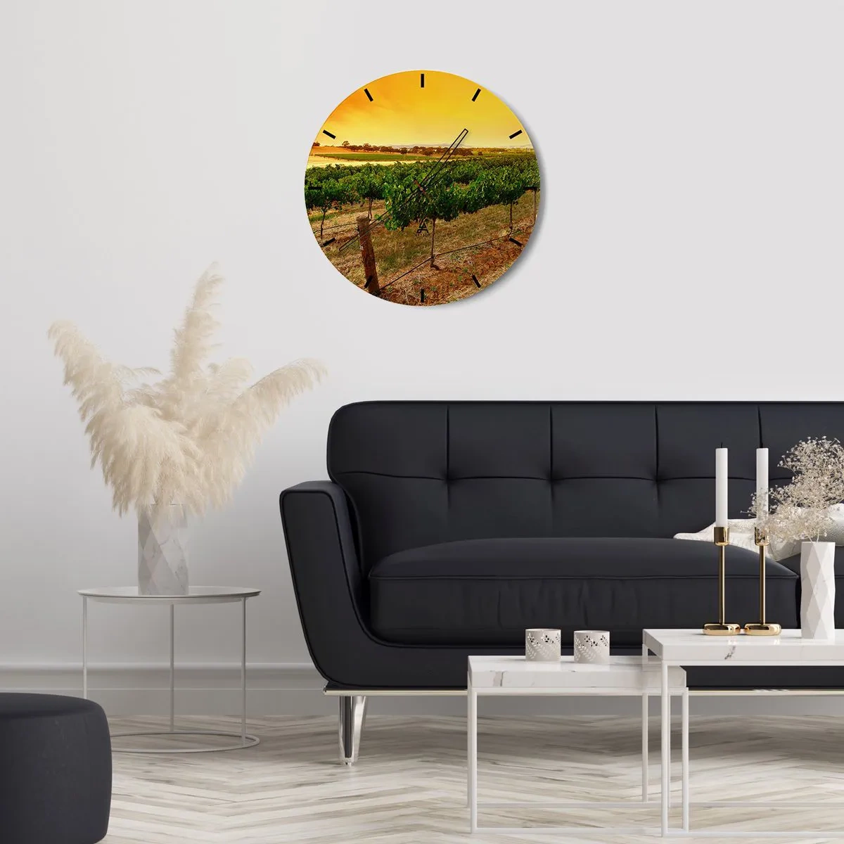 Falióra, Óra - Szőlőskert táj naplementekor - 30x30cm - Inni a napot - Modern fali dekoráció nappalihoz, konyhához és hálószobához ARTTOR
