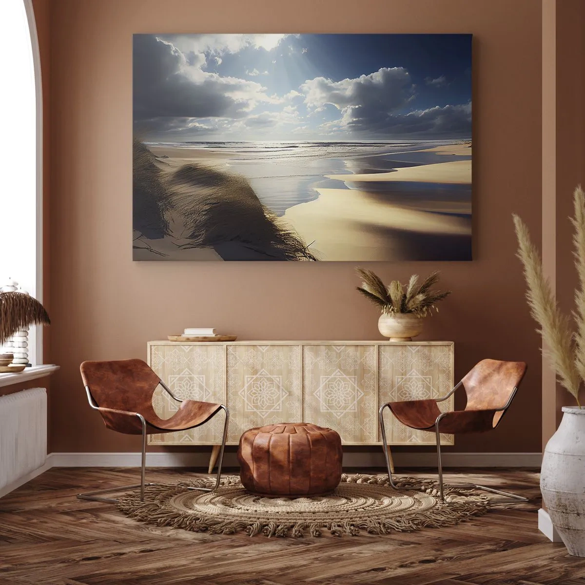 Vászonkép - Egy vad tengerpart dűnékkel és kék éggel - 70x50cm - Tengerpart, vad tengerpart - Modern fali dekoráció nappalihoz és hálószobához ARTTOR
