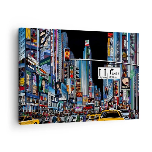 Vászonkép - Egy nyüzsgő város színes reklámokkal és sárga taxikkal - 70x50cm - Képregény nagy éjszaka - Modern fali dekoráció nappalihoz és hálószobához ARTTOR