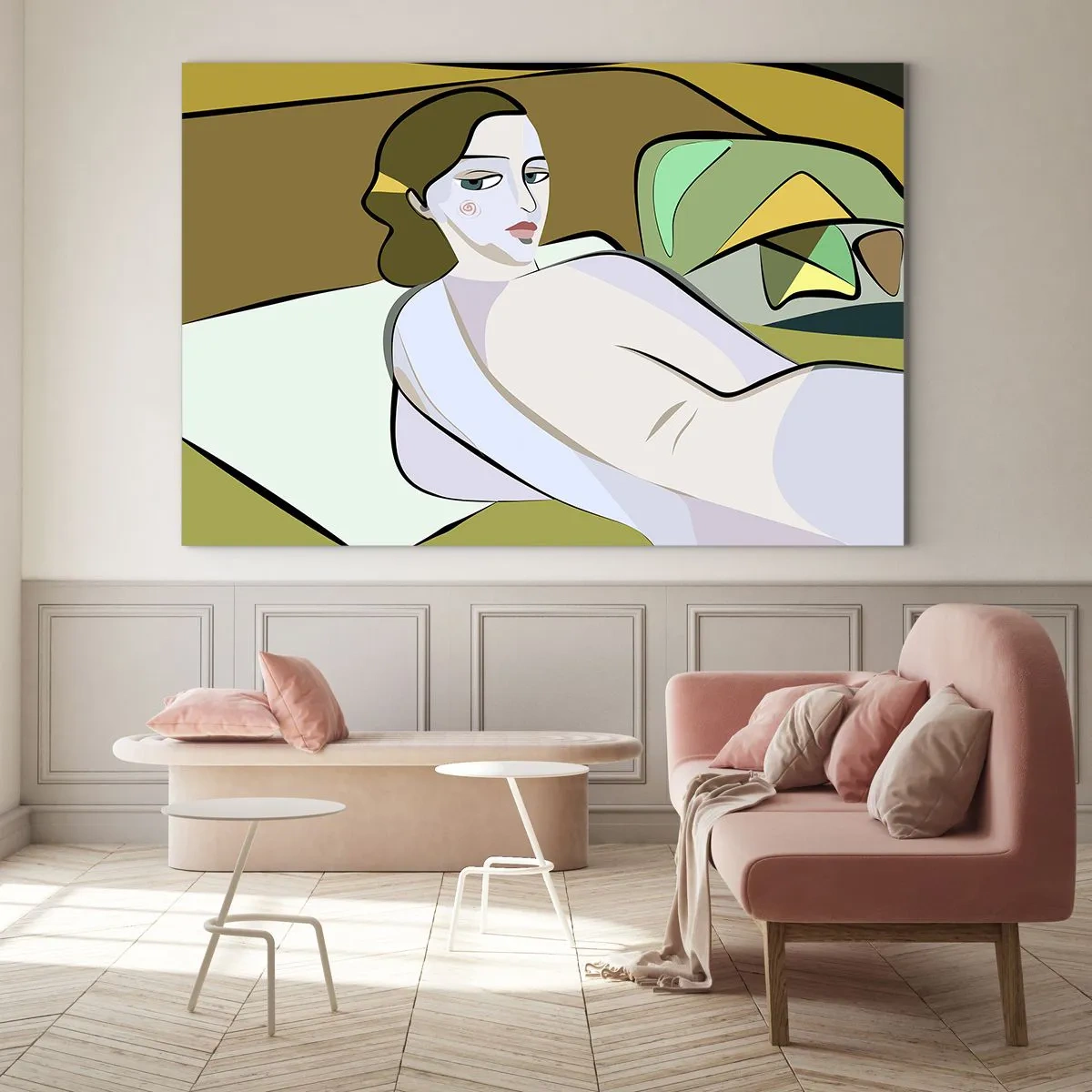 Üveg kép - Női sziluett absztrakt stílusban, geometrikus háttérrel - 70x50cm - Intim portré - Modern fali dekoráció nappalihoz és hálószobához ARTTOR