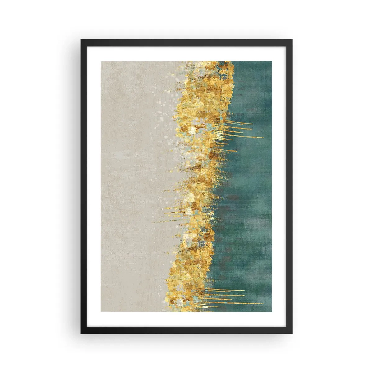 Poszter fehér keretben - Arany, bézs és zöld absztrakt kompozíciója - 50x70cm - Az aranyhatár - Modern fali dekoráció nappalihoz és hálószobához ARTTOR