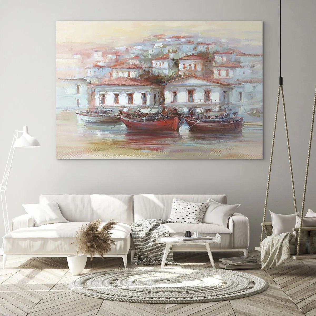 Üveg kép - Egy festői város hajókkal a kikötőben naplementekor - 70x50cm - Boldog kisváros - Modern fali dekoráció nappalihoz és hálószobához ARTTOR