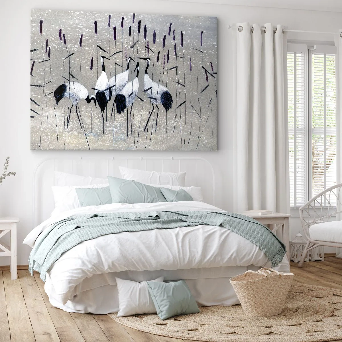 Vászonkép - Gémek a fűben békés háttér előtt - 70x50cm - A sajátjaik között - Modern fali dekoráció nappalihoz és hálószobához ARTTOR