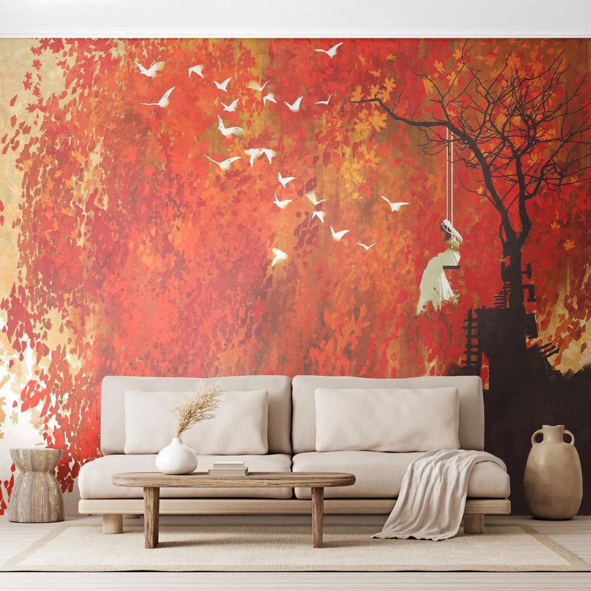 Fotótapéta Standard Eco - Őszi illusztráció egy fával, egy hintával és madarakkal - 100x70cm - Repül velünk? - Modern fali dekoráció nappalihoz és hálószobához ARTTOR