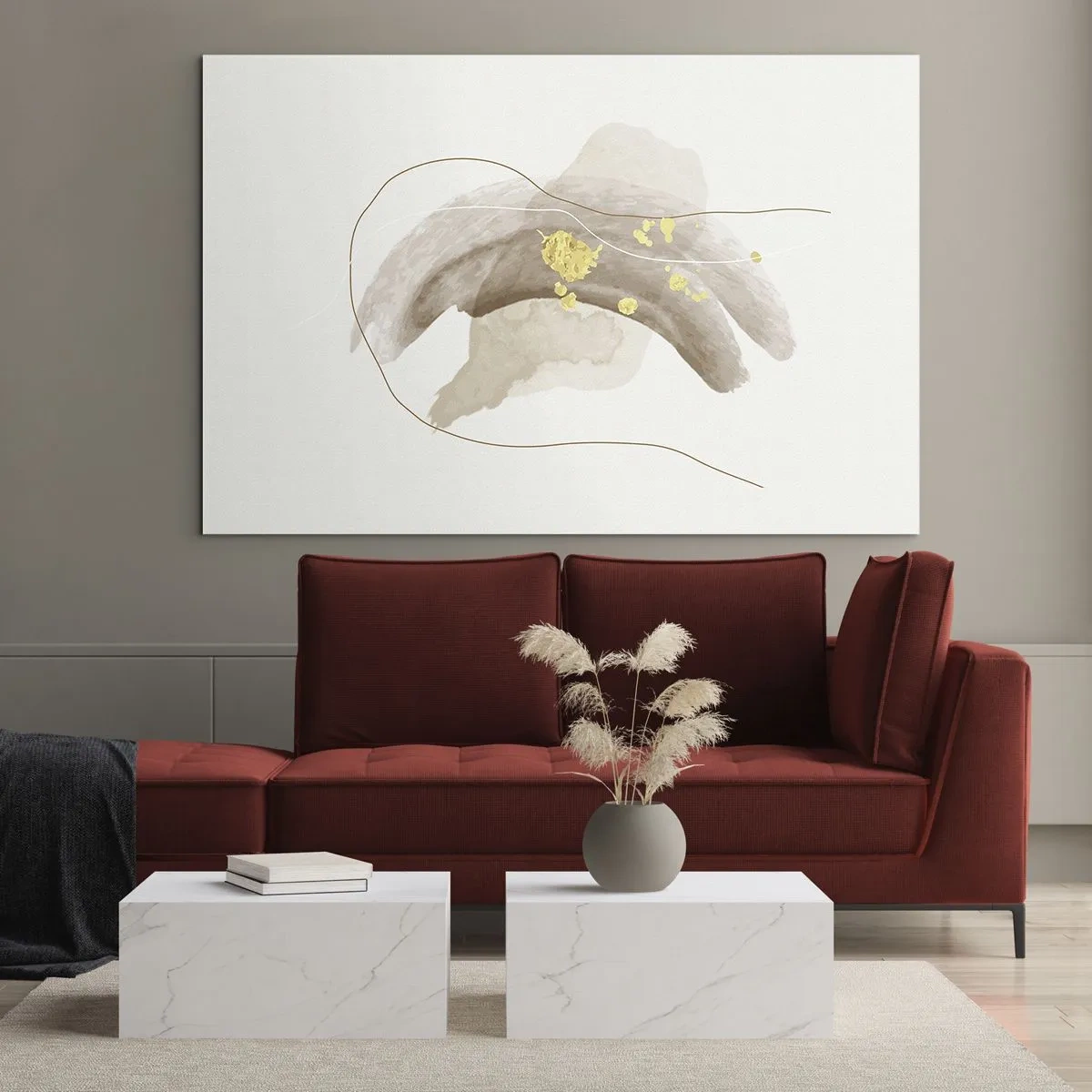 Üveg kép - Bézs és arany absztrakció finom vonalakkal és formákkal - 70x50cm - Megtalált az űrben - Modern fali dekoráció nappalihoz és hálószobához ARTTOR