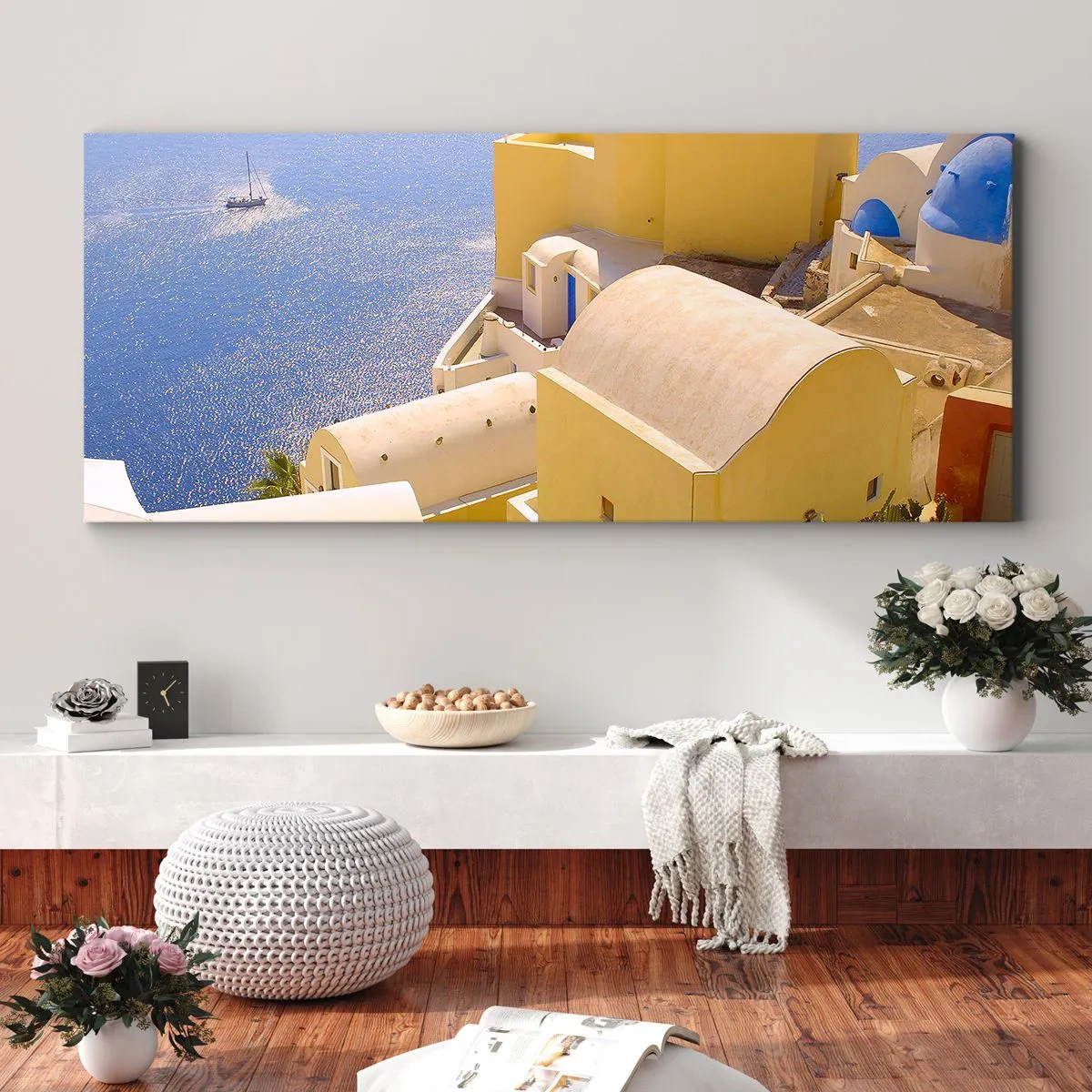 Vászonkép - Görög táj fehér és kék színben - 90x30 cm
