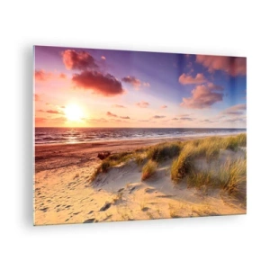 Üveg kép - Strand dűnékkel naplementekor - 70x50cm - Már érződik a nyár a levegőben - Modern fali dekoráció nappalihoz és hálószobához ARTTOR