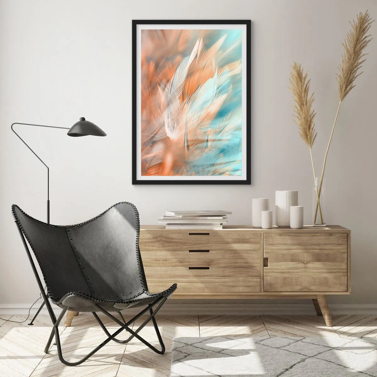 Poszter fehér keretben - Finom tollak kék és barack árnyalatokban - 50x70cm - A szelídség földjén - Modern fali dekoráció nappalihoz és hálószobához ARTTOR