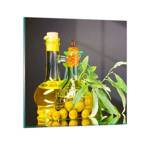 Üveg kép - Csendélet olívabogyóval és olívaolajjal - 60x60 cm