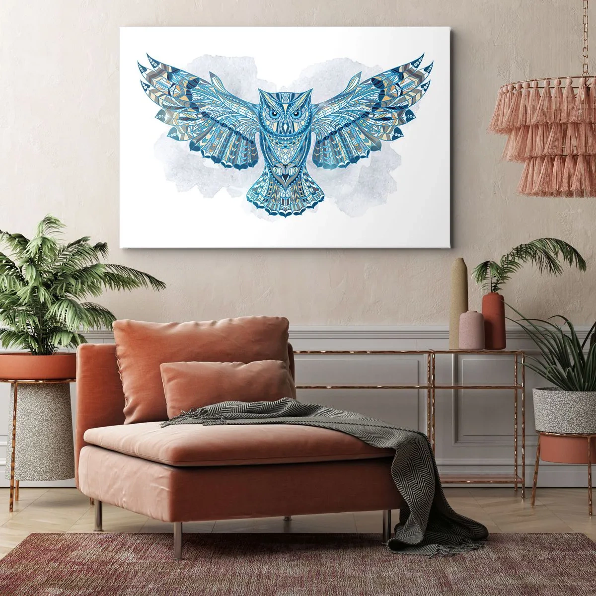 Vászonkép - Dekoratív bagoly kék árnyalatokban - 70x50cm - Egy kelta szent ligetből - Modern fali dekoráció nappalihoz és hálószobához ARTTOR