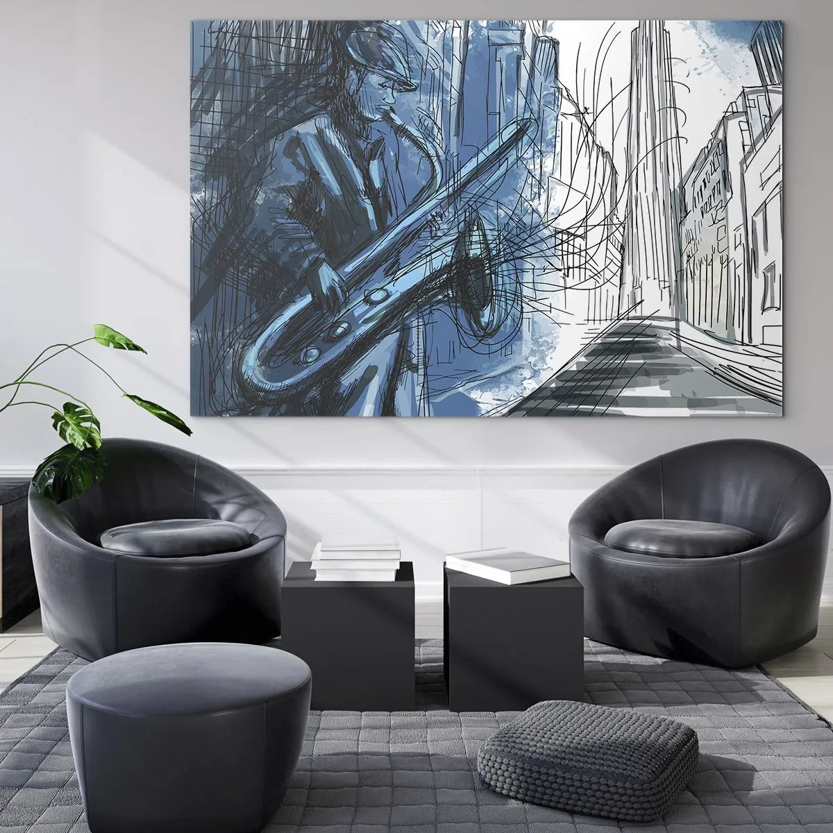 Üveg kép - Jazzszaxofonos kékes árnyalatú városi környezetben - 70x50cm - Városi rapszódia - Modern fali dekoráció nappalihoz és hálószobához ARTTOR