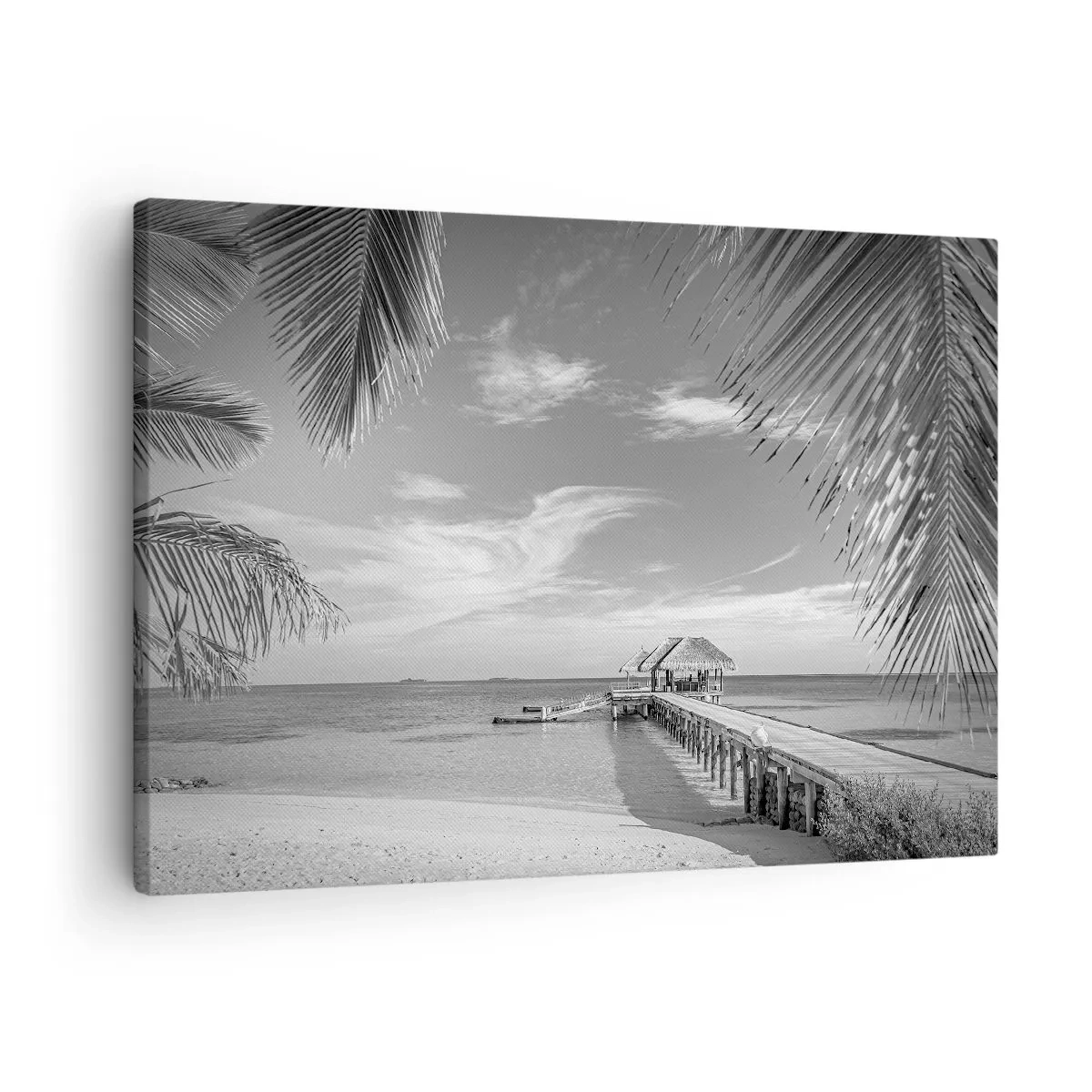 Vászonkép - Fekete-fehér strand mólóval és pálmafákkal egy trópusi parton - 70x50cm - Emlék vagy álom? - Modern fali dekoráció nappalihoz és hálószobához ARTTOR