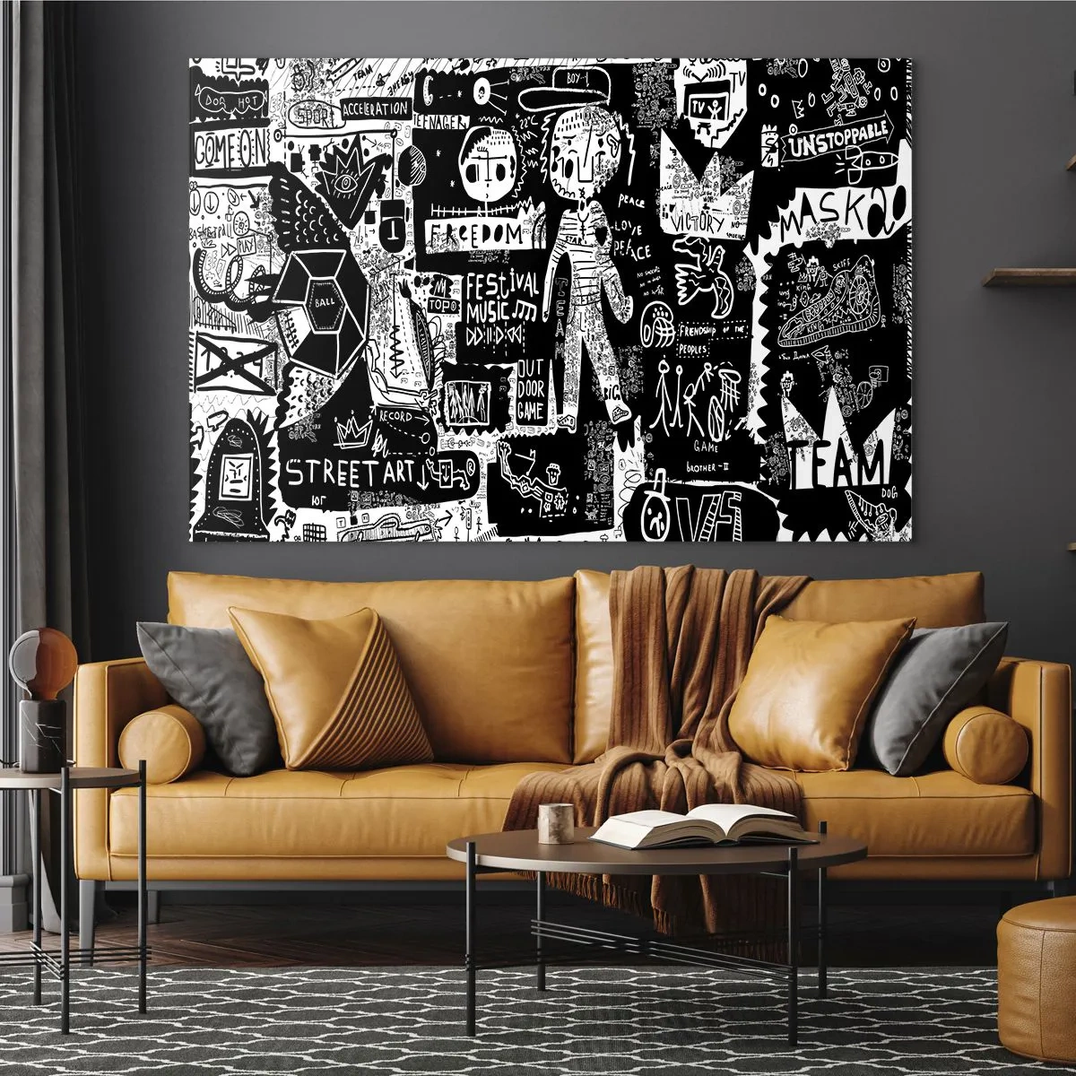 Üveg kép - Fekete-fehér street art stílusú grafika karakterekkel és szimbólumokkal - 70x50cm - A szellemi fiatalság törvényei és örömei - Modern fali dekoráció nappalihoz és hálószobához ARTTOR