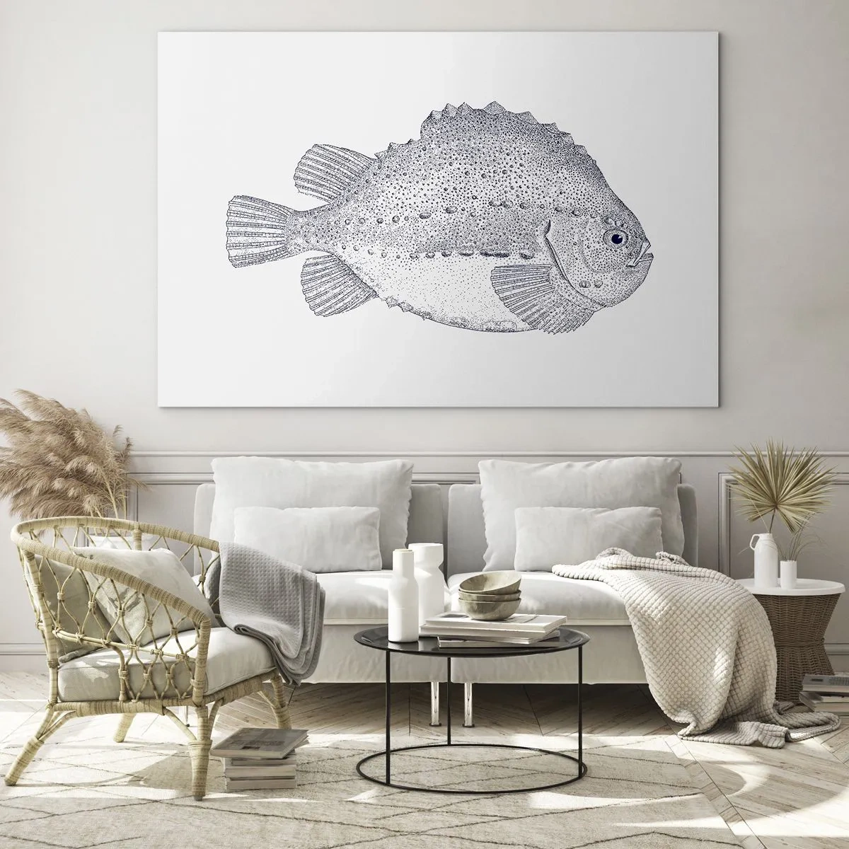 Üveg kép - Részletes gravírozás egy halról fehér alapon, természet stílusban - 70x50cm - A természettudós albumába - Modern fali dekoráció nappalihoz és hálószobához ARTTOR