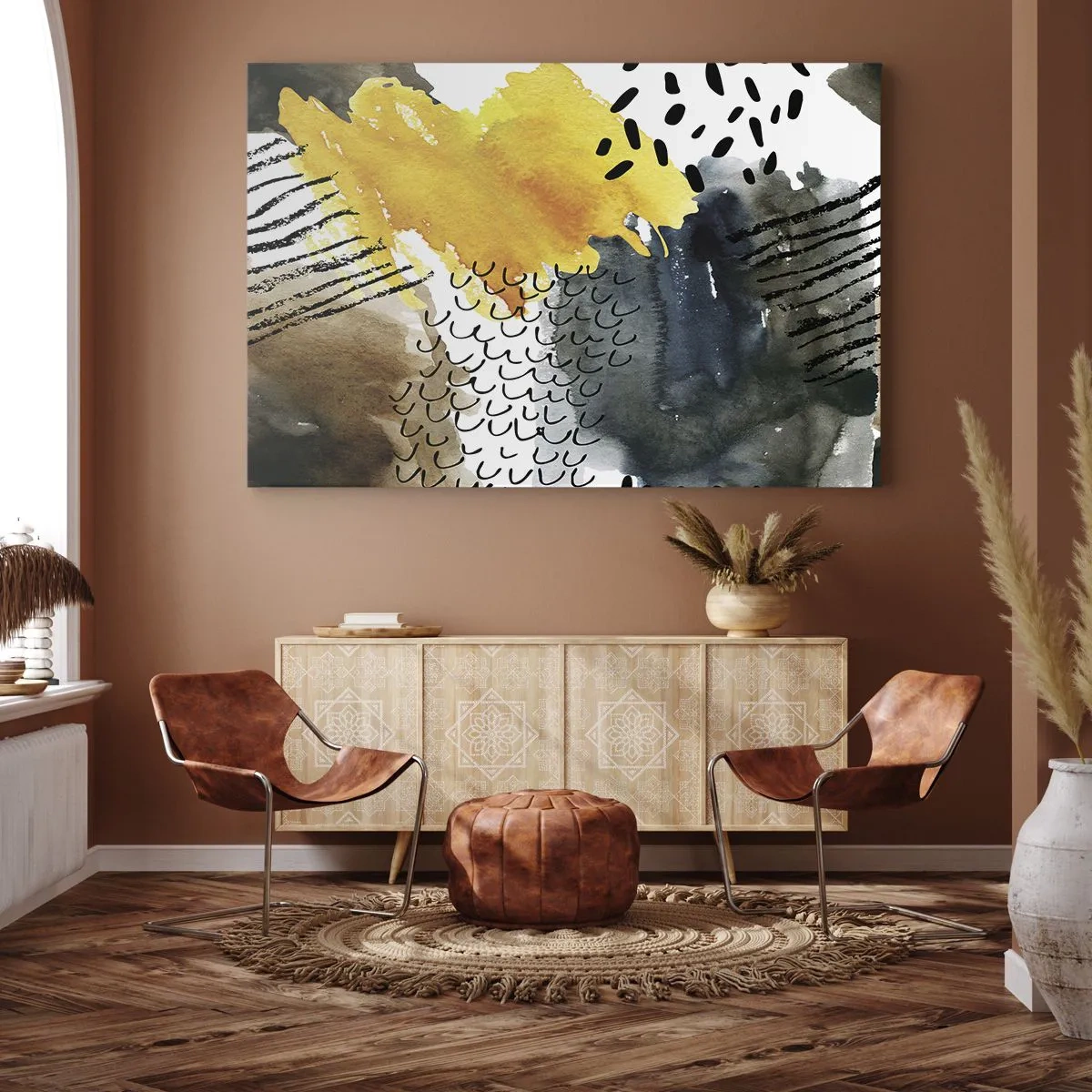 Vászonkép - Absztrakt kompozíció sárga díszítéssel és grafikus mintákkal. - 70x50cm - Az elemek találkozása - Modern fali dekoráció nappalihoz és hálószobához ARTTOR