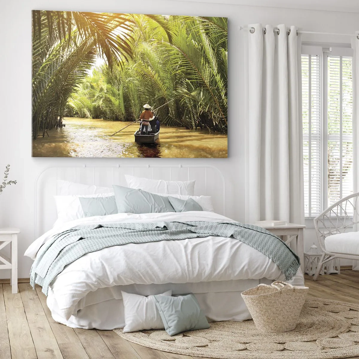Vászonkép - Egy hajó egy folyón, trópusi növényzettel körülvéve - 70x50cm - A pálma kanyonban - Modern fali dekoráció nappalihoz és hálószobához ARTTOR