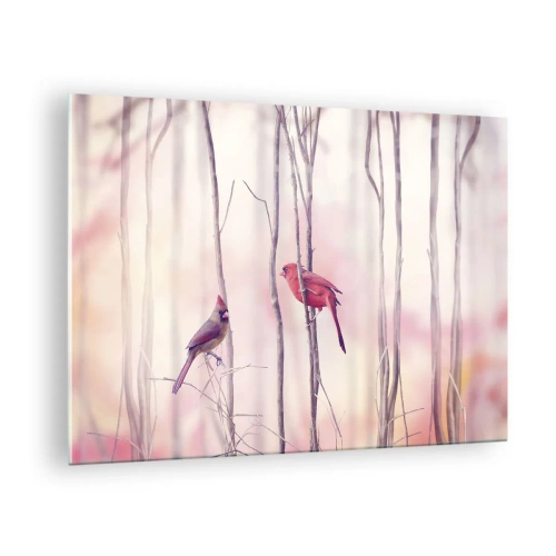 Üveg kép - Két madár pasztellszínű finom gallyak között - 70x50cm - Rózsaszín erdő története - Modern fali dekoráció nappalihoz és hálószobához ARTTOR