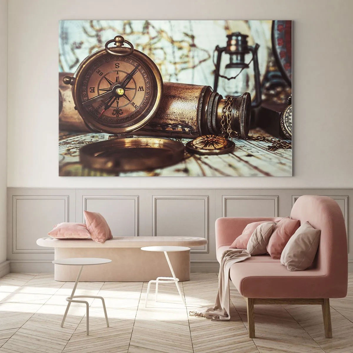 Üveg kép - Egy antik iránytű és térkép kalózkalandok hátterében - 70x50cm - Kalóz kaland vár a Karib-térségben - Modern fali dekoráció nappalihoz és hálószobához ARTTOR