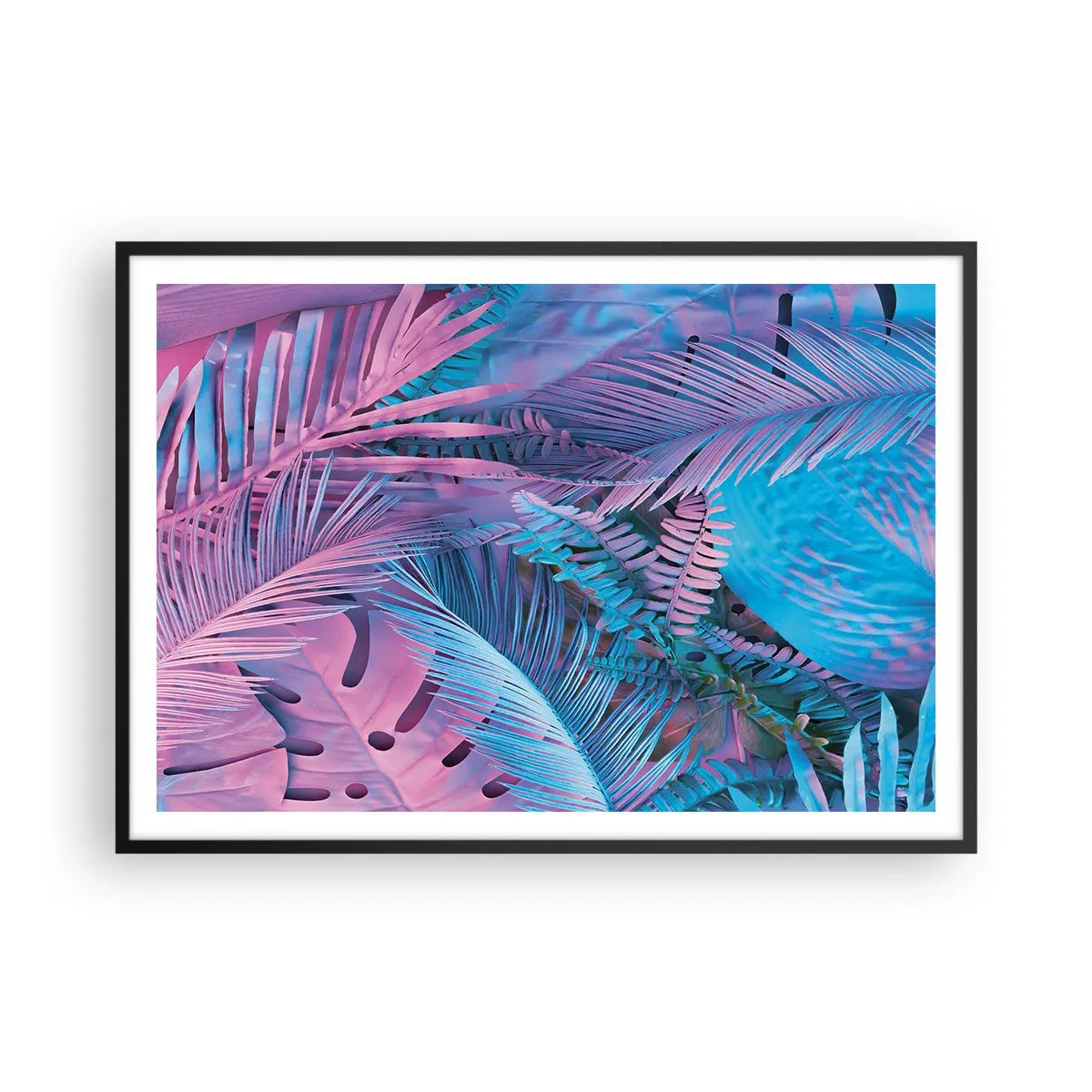 Poszter fehér keretben - Trópusok rózsaszínben és kékben - 100x70 cm
