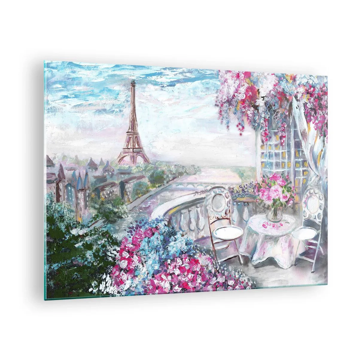 Üveg kép - Az Eiffel-torony látképének illusztrációja virágokkal teli erkéllyel - 70x50cm - Itt májusban a legszebb - Modern fali dekoráció nappalihoz és hálószobához ARTTOR