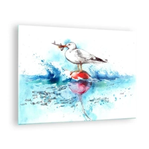 Üveg kép - Egy sirály egy bóján, egy hallal a tenger hullámainak hátterében. - 70x50cm - Sikeres fogás - Modern fali dekoráció nappalihoz és hálószobához ARTTOR