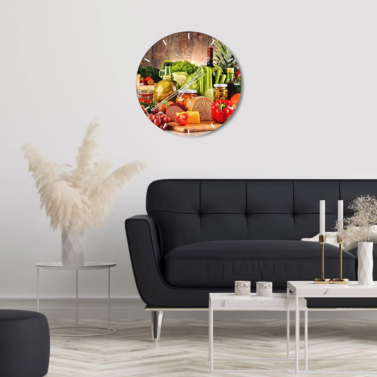 Falióra, Óra - Különböző élelmiszerek, fából készült háttéren - 30x30cm - Füstölt, sült és pácolt - Modern fali dekoráció nappalihoz, konyhához és hálószobához ARTTOR