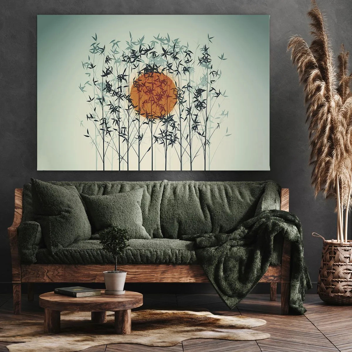 Vászonkép - Narancssárga nap a bambuszágak között - 70x50cm - Japán nap - Modern fali dekoráció nappalihoz és hálószobához ARTTOR