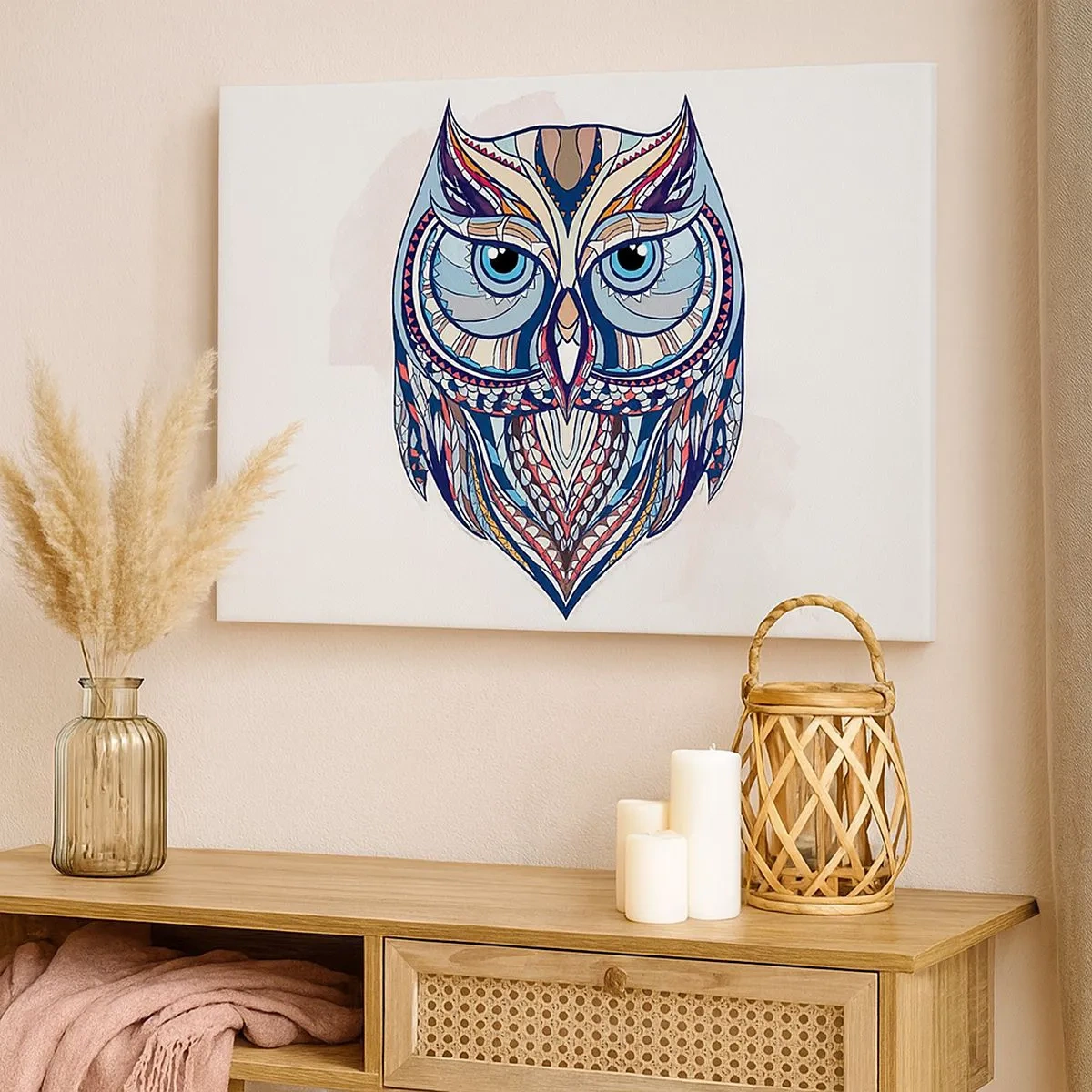 Vászonkép - Geometrikus bagoly kék és bézs árnyalatokban - 70x50cm - Kidolgozott díszbagoly - Modern fali dekoráció nappalihoz és hálószobához ARTTOR