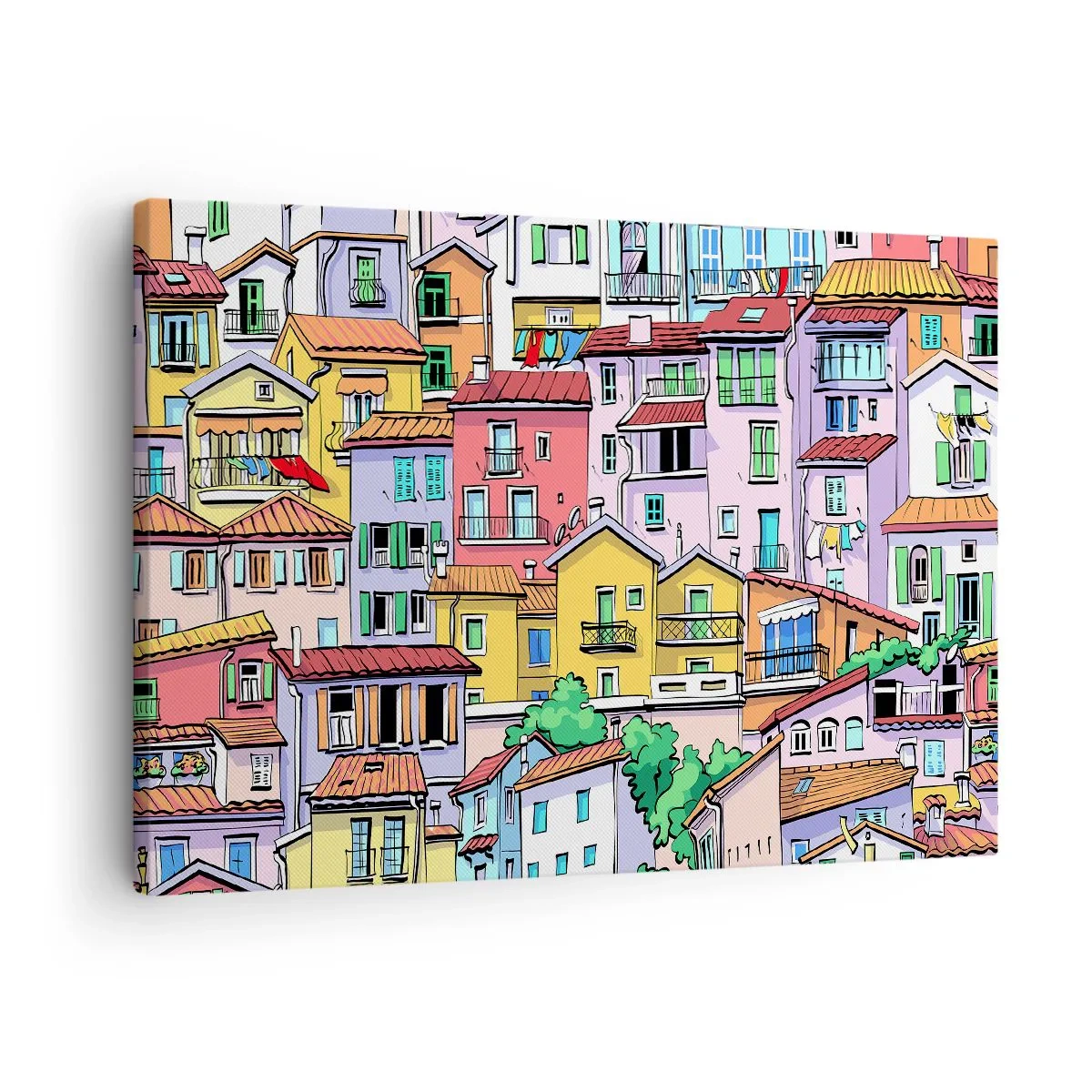 Vászonkép - Színes bérházak élénk, vidám stílusban - 70x50cm - Vidám város - Modern fali dekoráció nappalihoz és hálószobához ARTTOR