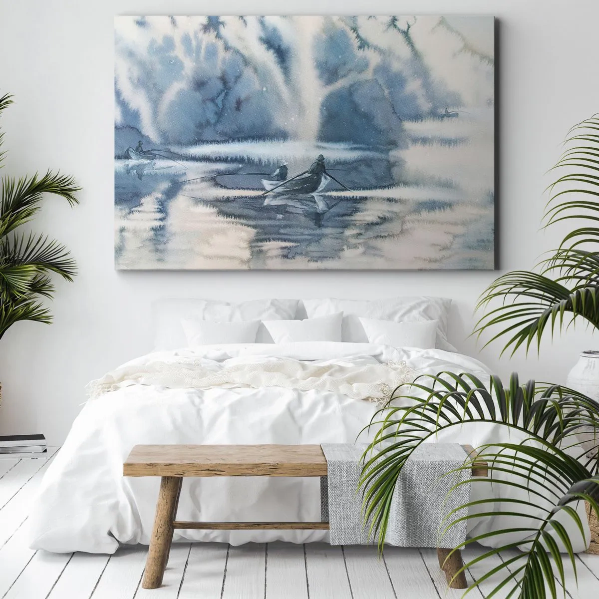 Vászonkép - Akvarell tájkép hajókkal egy ködös erdővel körülvett tavon - 70x50cm - Horgászok a paradicsomukban - Modern fali dekoráció nappalihoz és hálószobához ARTTOR