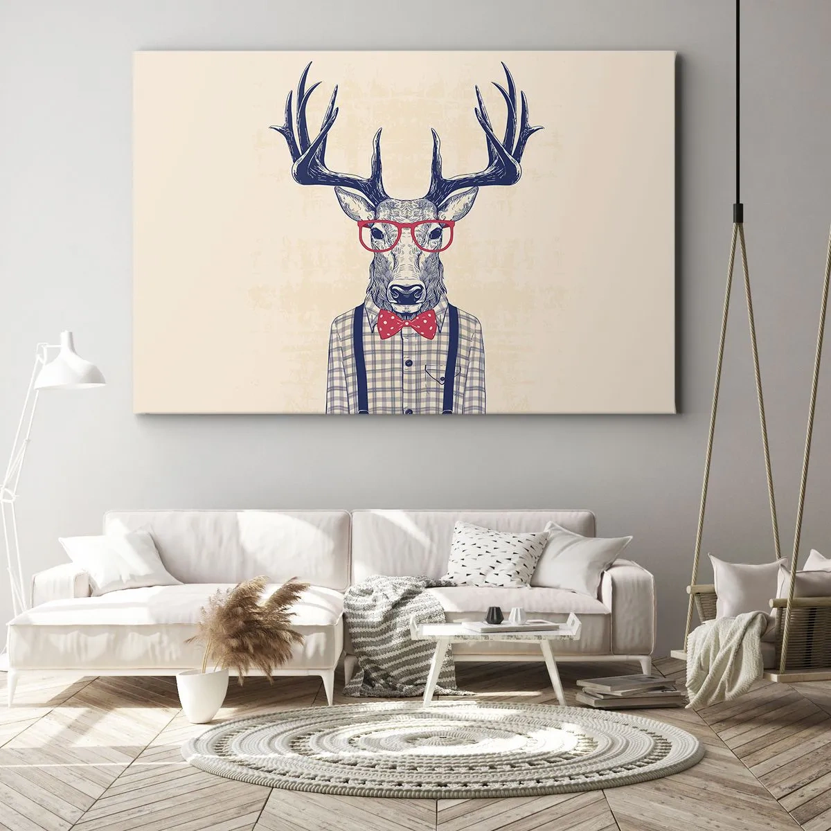 Vászonkép - Stilizált grafika egy szemüveges és csokornyakkendős szarvasról - 70x50cm - Mókás extravagancia - Modern fali dekoráció nappalihoz és hálószobához ARTTOR