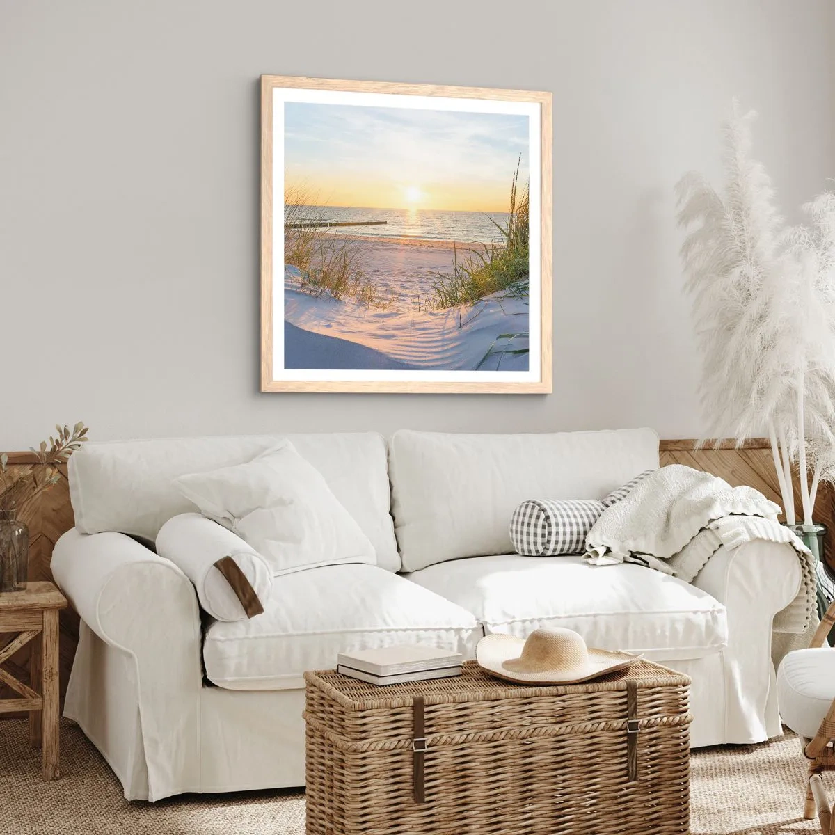 Poszter világos tölgy keretben - A tenger hangja, a madarak éneke, egy vad tengerpart a fű között... - 30x30 cm