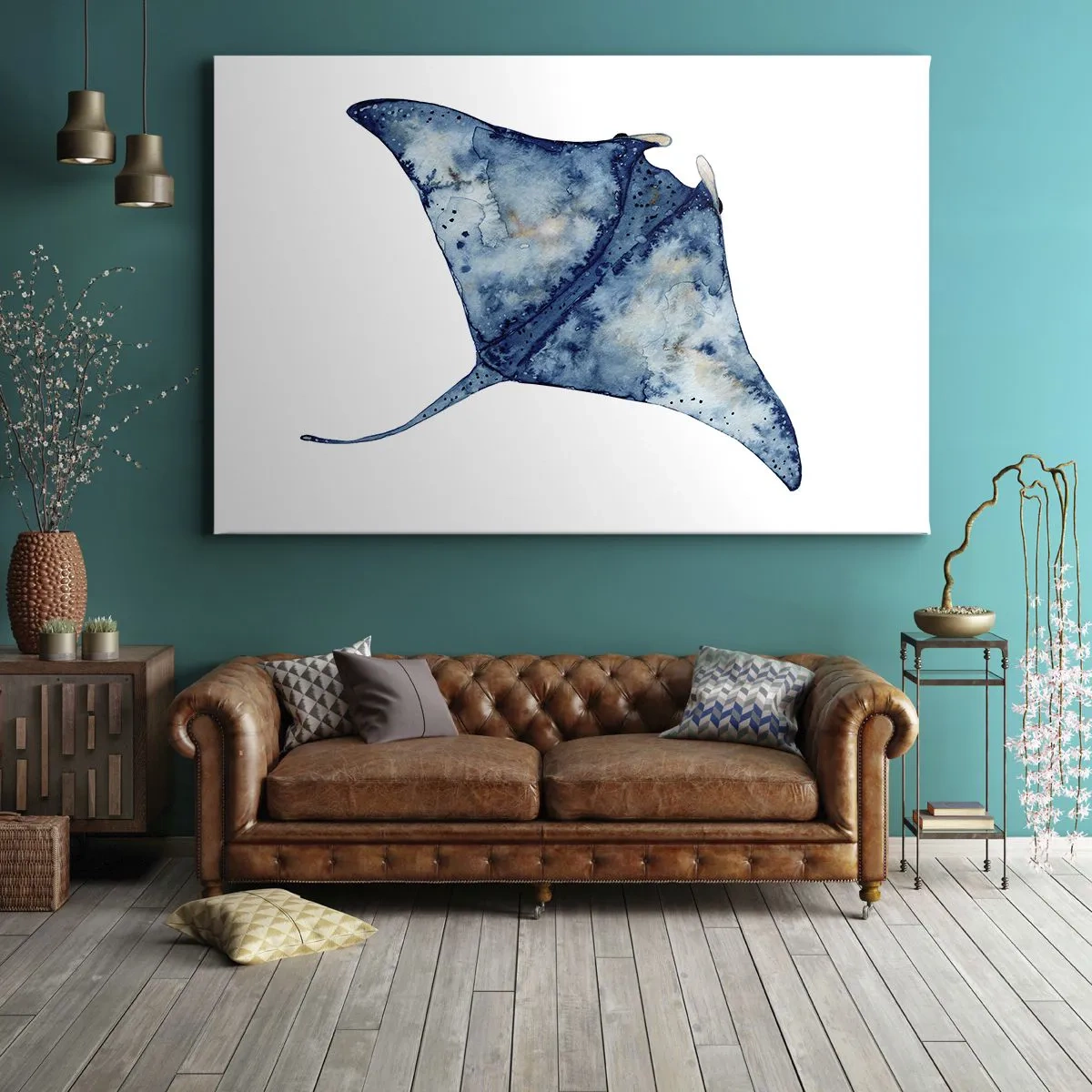 Vászonkép - Kék rája akvarell stílusú fehér alapon - 70x50cm - Élet kékben - Modern fali dekoráció nappalihoz és hálószobához ARTTOR