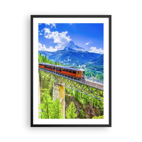 Poszter fehér keretben - Vonat egy hídon az Alpokban, kilátással a Matterhornra - 50x70cm - Vasút az Alpokba - Modern fali dekoráció nappalihoz és hálószobához ARTTOR