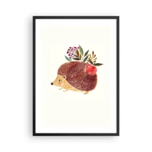 Poszter fehér keretben - Egy aranyos sündisznó almával és gallyakkal világos háttér előtt - 50x70cm - És máris kedvelsz engem - Modern fali dekoráció nappalihoz és hálószobához ARTTOR
