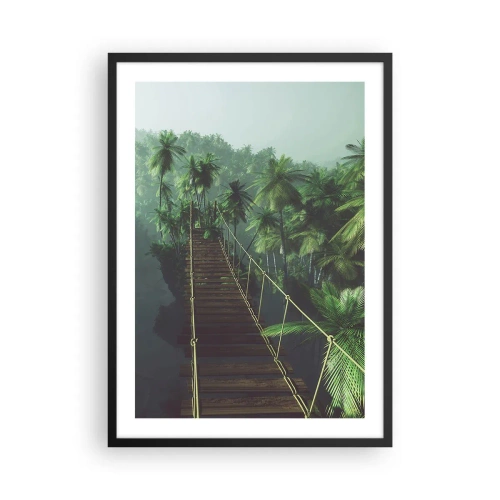 Poszter fehér keretben - Egy függőhíd egy pálmafákkal teli trópusi erdőben - 50x70cm - A zöldellő hullámok felett - Modern fali dekoráció nappalihoz és hálószobához ARTTOR
