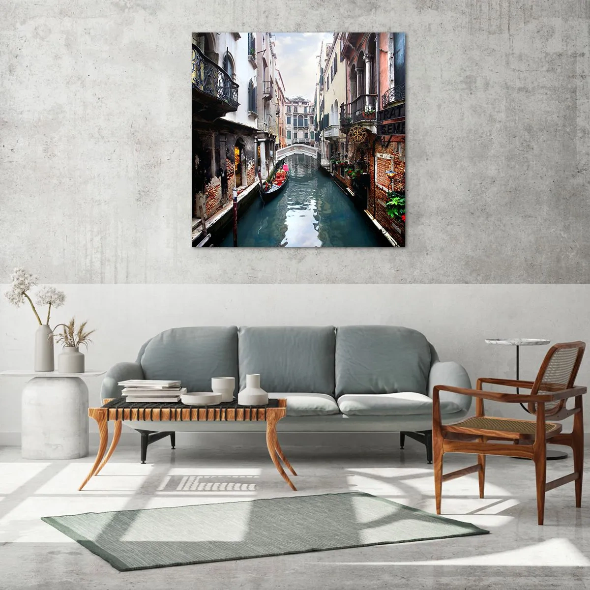Üveg kép - Velencei táj gondolával és híddal - 60x60 cm