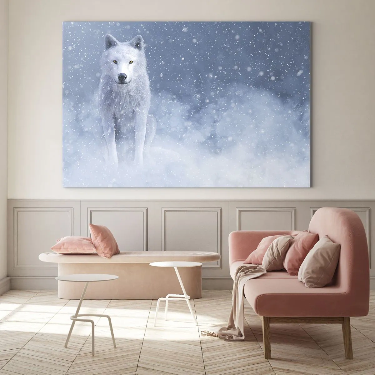 Üveg kép - Egy fehér farkas hóviharban, egyenesen előre nézve - 70x50cm - Téli hangulatban - Modern fali dekoráció nappalihoz és hálószobához ARTTOR